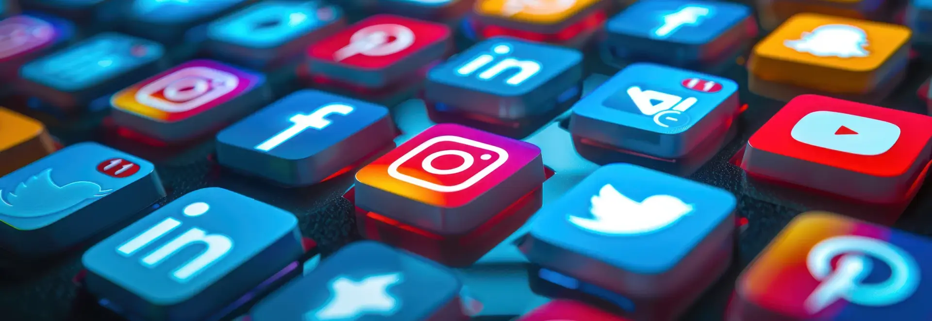 Social media icons for Facebook, Instagram, LinkedIn, and YouTube displayed in a circular format on a light background.